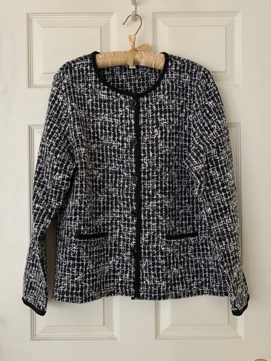 JM Collection Sweaters - JM Collection Boucle Tweed Cardigan Black White Size Large